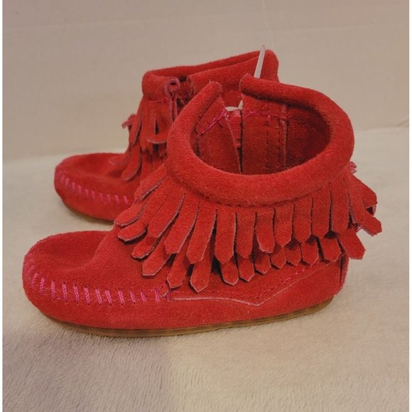 Minnetonka Pink Double Fringe Side Zip Boot Size 4 - Picture 7 of 10